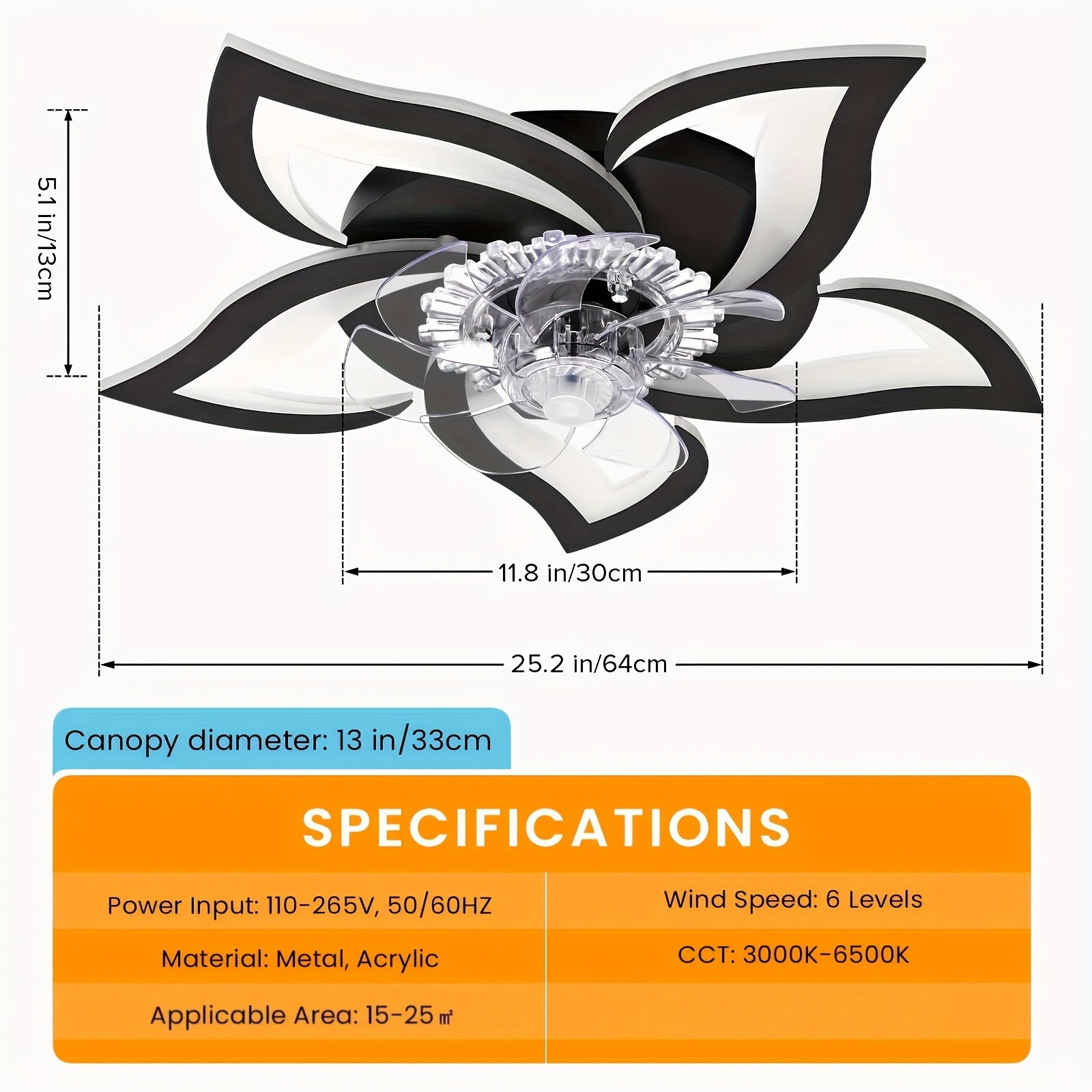 27 Inch Silent LED Modern Acrylic Ceiling Fan Light, Stepless Dimmable Speed Decorative Fan, Suitable for Bedroom Living Room Kitchen