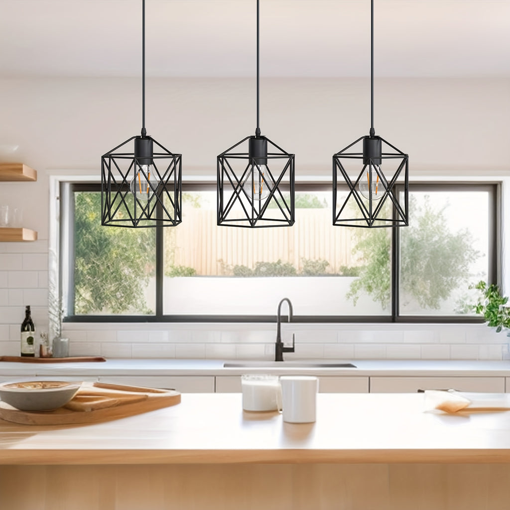 3-Light industrial pendant light, height adjustable up to 43.3 inches chandelier, black metal geometric cage pendant light, ceiling lighting fixture, suitable for dining room, kitchen island, living room or bedroom, restaurant, hotel, home decoration