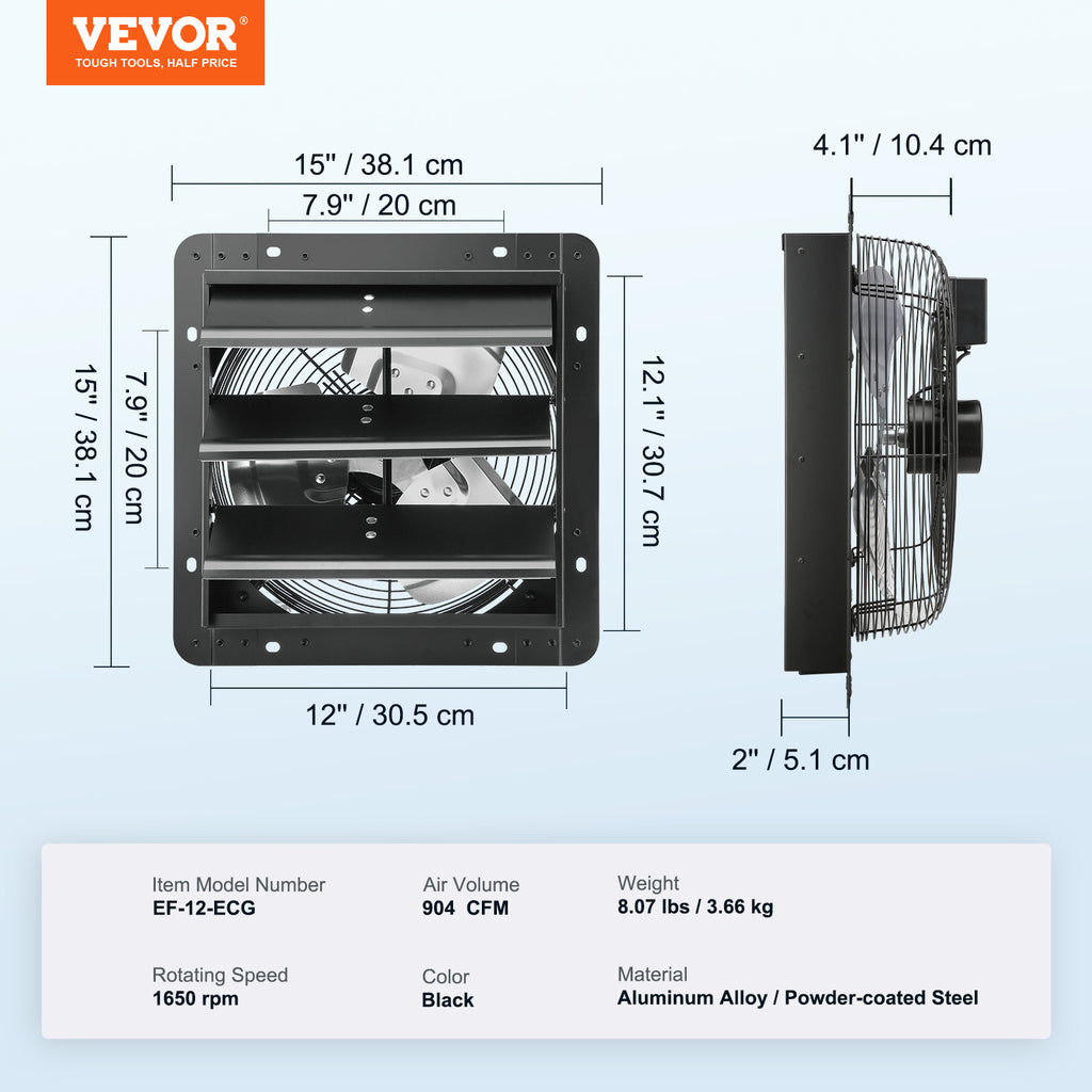 VEVOR Shutter Exhaust Fan, 12''/14''/16'' with Temperature and Humidity Controller, EC Motor, 940 CFM/1513 CFM/1747 CFM, 10-Speed Wall Mount Attic Fan for Greenhouse, Garage, Shed Ventilation and Cooling