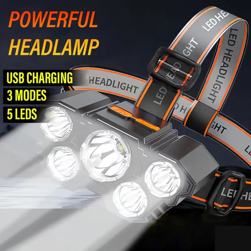 1Pc 5 LED Headlamp, USB Rechargeable, Hands-Free Design for Fishing, Adjustable Beam Angle, 4 Lighting Modes, Perfect for Fishing, Hiking, Camping and Outdoor Activities