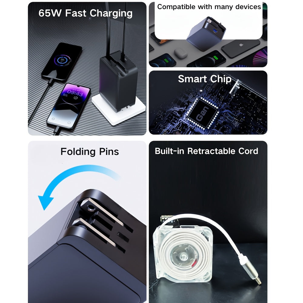 65W Retractable USB C Charger, Retractable Charger with Type C Cable, PD PPS Fast Charging Block with Foldable Plug for iPhone 16 15 14 13 12 11, Galaxy, LG, Pixel, Pad, Tablet