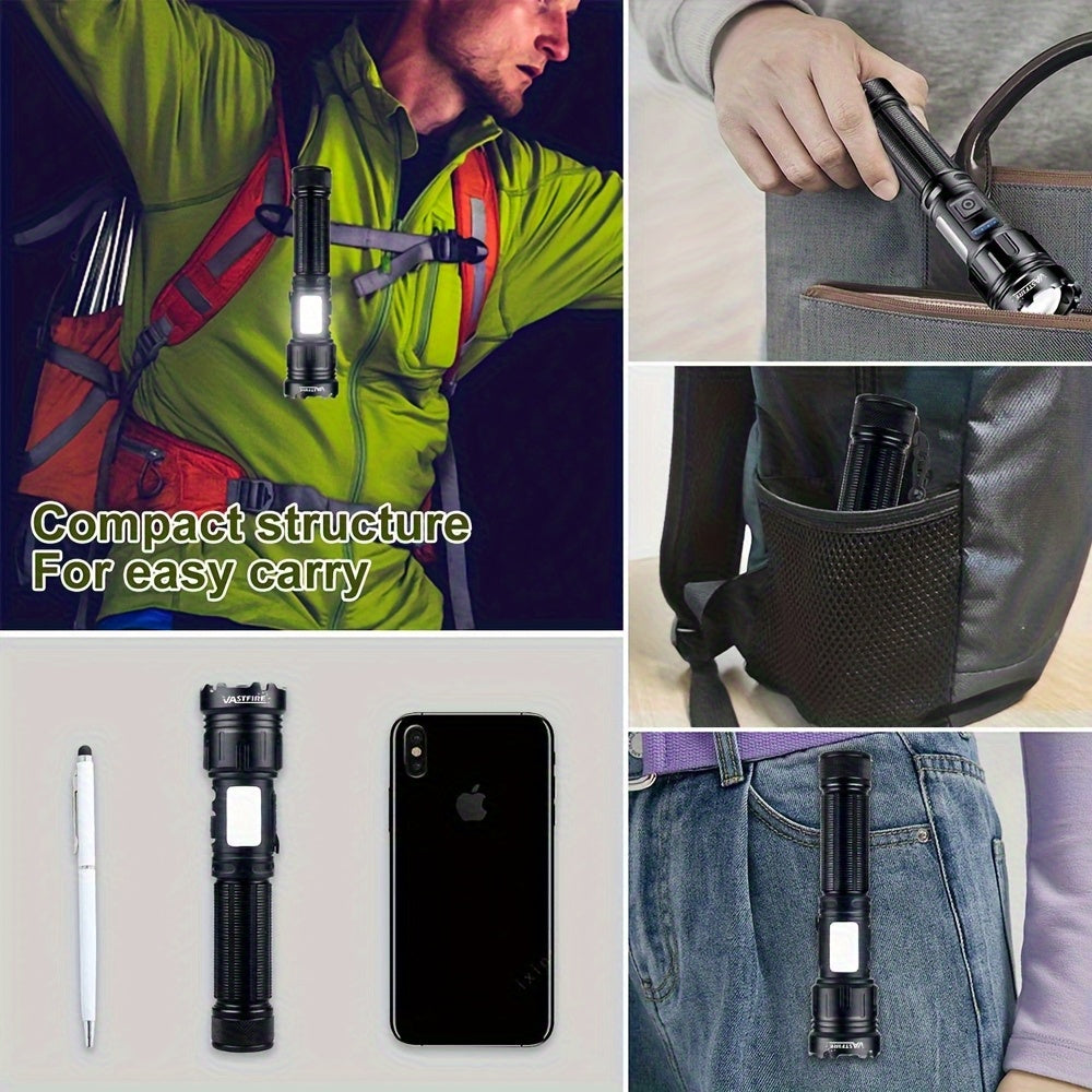4-in-1 LED Aluminum Alloy Ultra-Bright Zoomable Outdoor Flashlight with 4 Light Sources, COB Side Emergency Light, Rechargeable High Lumen Tactical Flashlight, Ideal for Hiking, Hunting, Camping, Handheld Lighting, Fishing & Various Outdoor Activities