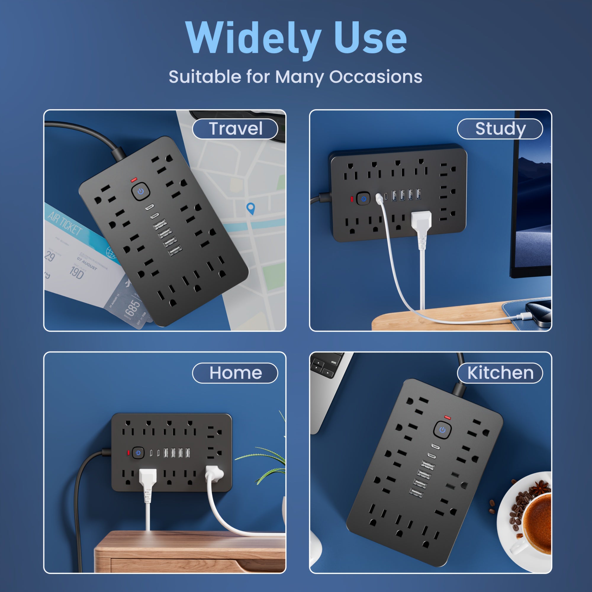 This Power Hub Features 11 Individual Outlets, Lengths of 5FT And 10FT, Along with 4 USB Ports And 2 USB-C Ports. It Has a Flat Plug Design, Can Be Mounted on The Wall, And Is Equipped with Overload Protection, Making It Ideal for Home Or Office Use