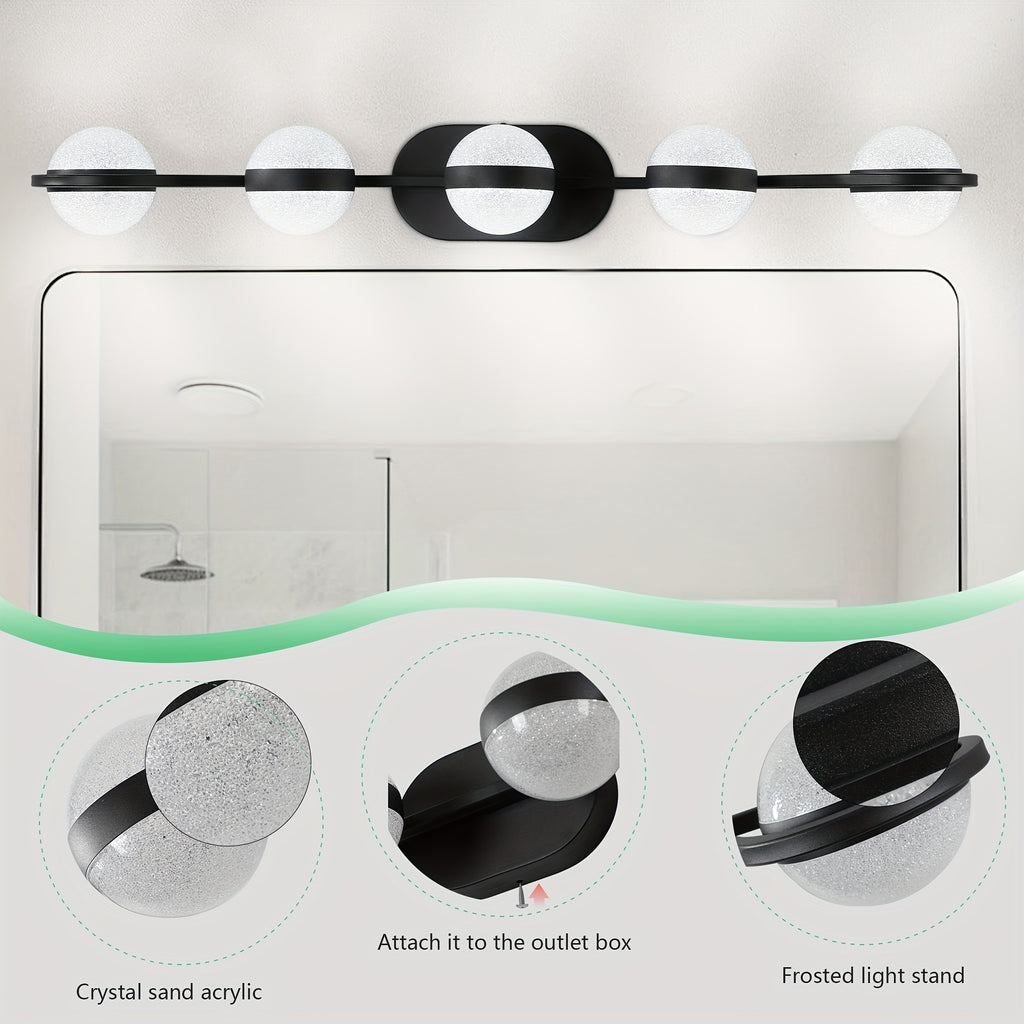 35.4-Inch 5-Light Bathroom Vanity Light, Elegant Bathroom Wall Light, Modern Minimalist Bathroom Vanity Light, with LED Light and Frosted Acrylic Shade, Wall-Mounted Decorative Lighting, Suitable for Bathroom, Living Room, Bedroom (Black)