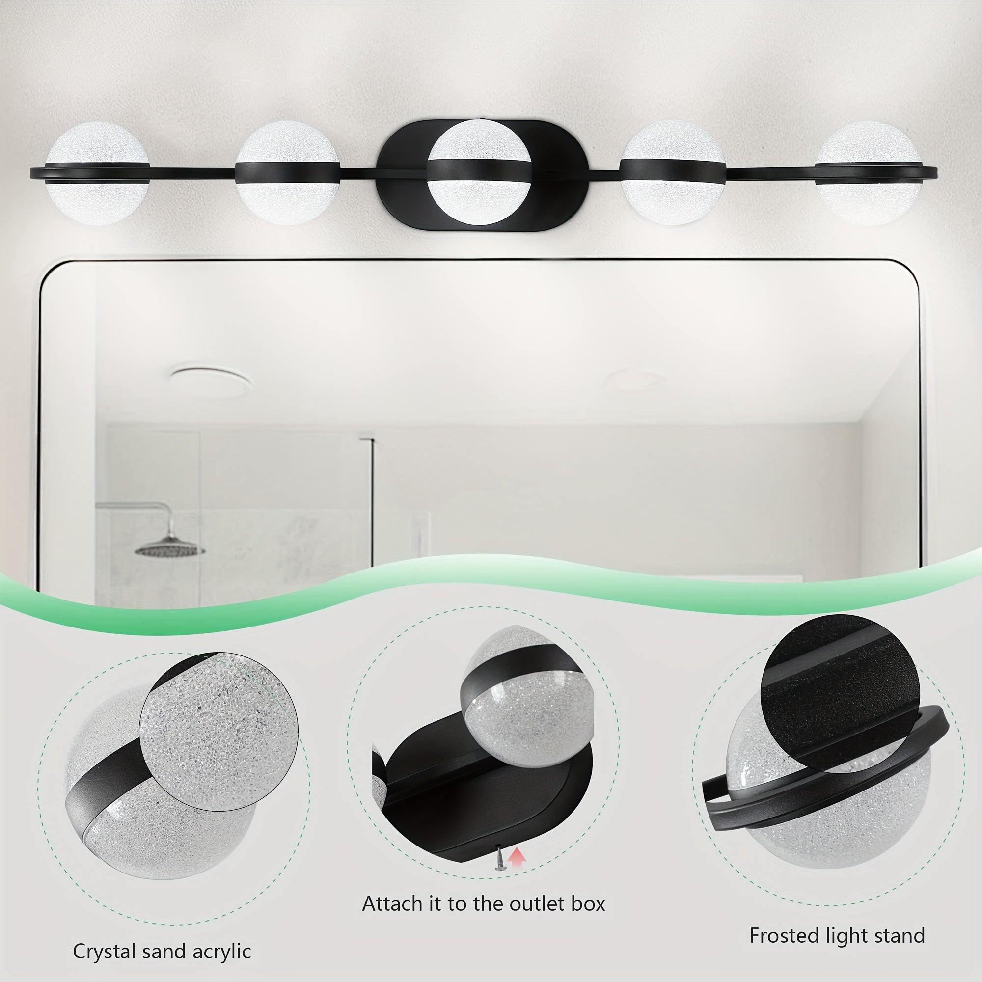 35.4-Inch 5-Light Bathroom Vanity Light, Elegant Bathroom Wall Light, Modern Minimalist Bathroom Vanity Light, with LED Light and Frosted Acrylic Shade, Wall-Mounted Decorative Lighting, Suitable for Bathroom, Living Room, Bedroom (Black)