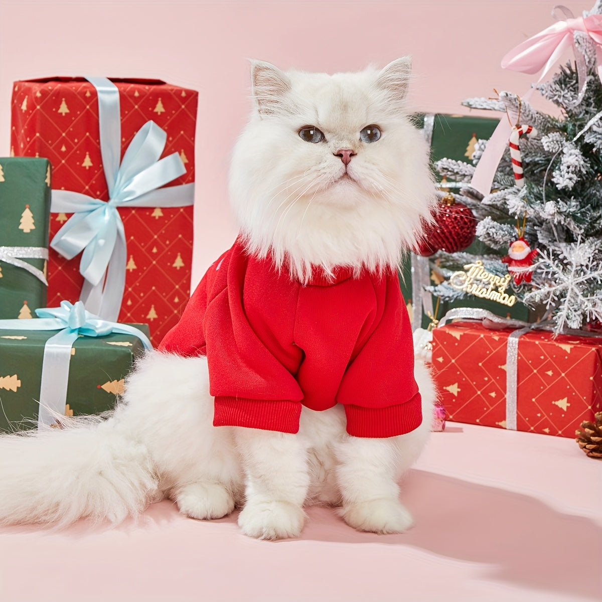 1件圣诞红色JINGLE ALLTHE WAY标语图案印花猫咪狗狗涤纶无帽卫衣防跳蚤减少掉毛保暖透气小宠物无帽卫衣适用于猫狗室内外