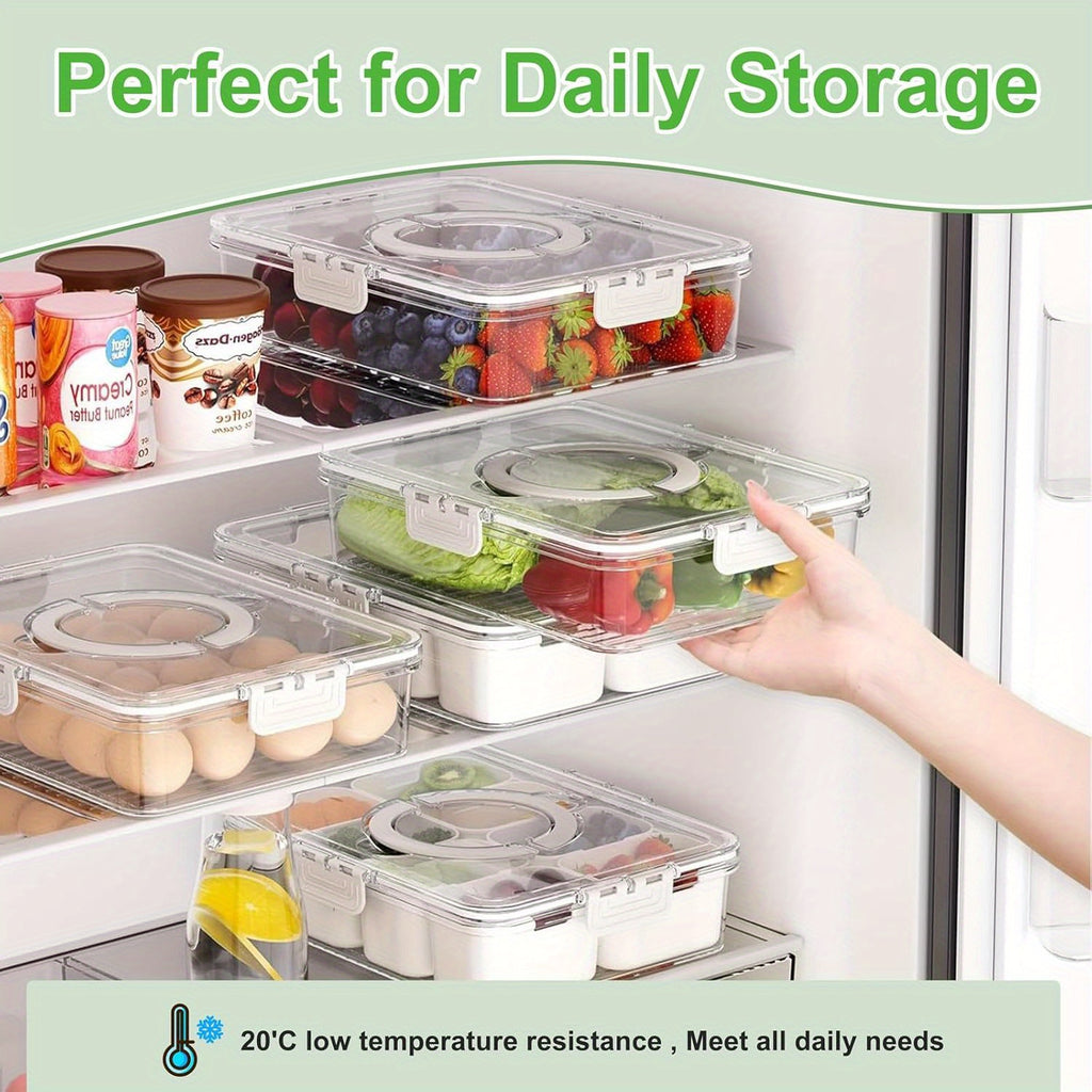 1/2 Pack Divided Tray with Lid and Handle, 8-Grid Freezer Plastic Snack Box, Transparent Portable Snack Box with Buckle Lid, Perfect for Fruits, Vegetables, Salad, Nuts, Ideal for Travel, Camping, Picnic and Lunch Box Organization