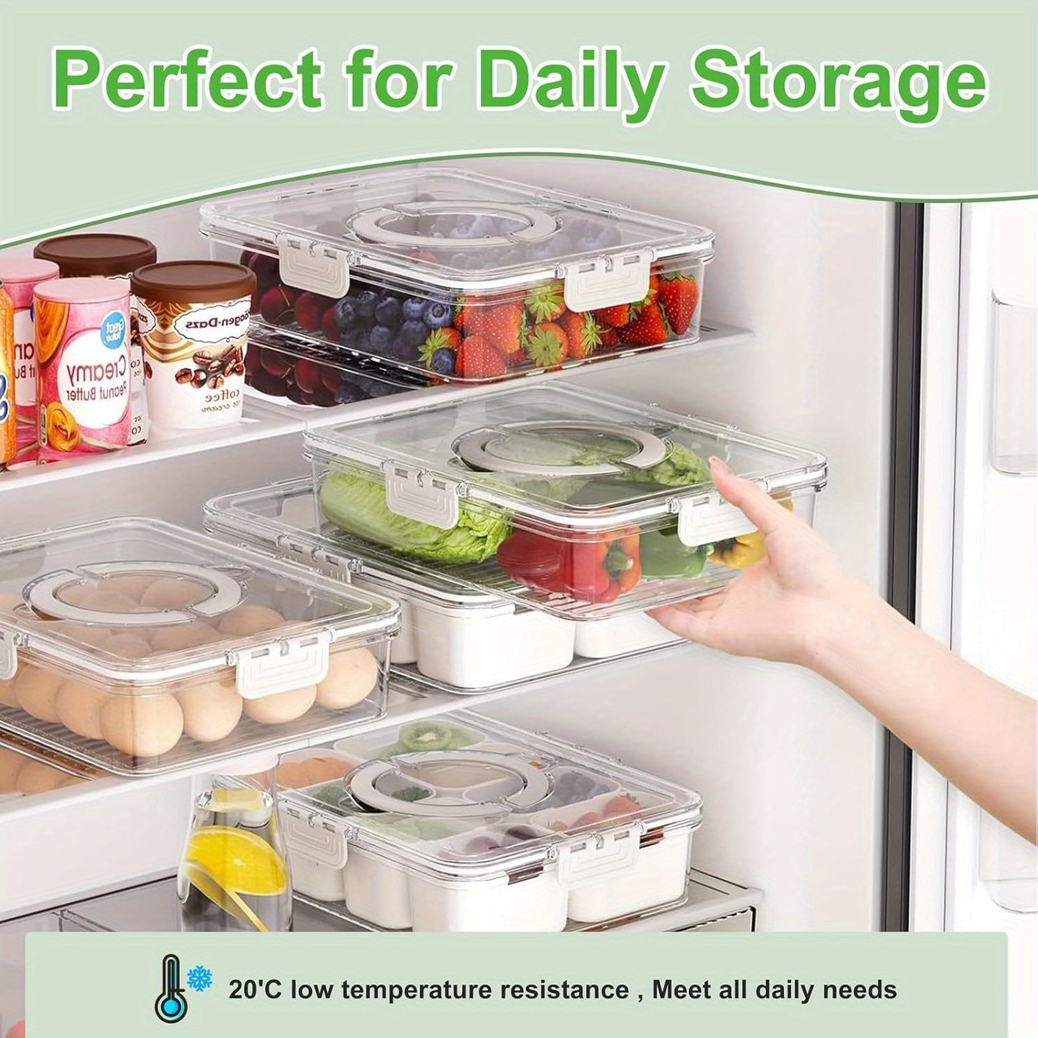 1/2 Pack Divided Tray with Lid and Handle, 8-Grid Freezer Plastic Snack Box, Transparent Portable Snack Box with Buckle Lid, Perfect for Fruits, Vegetables, Salad, Nuts, Ideal for Travel, Camping, Picnic and Lunch Box Organization