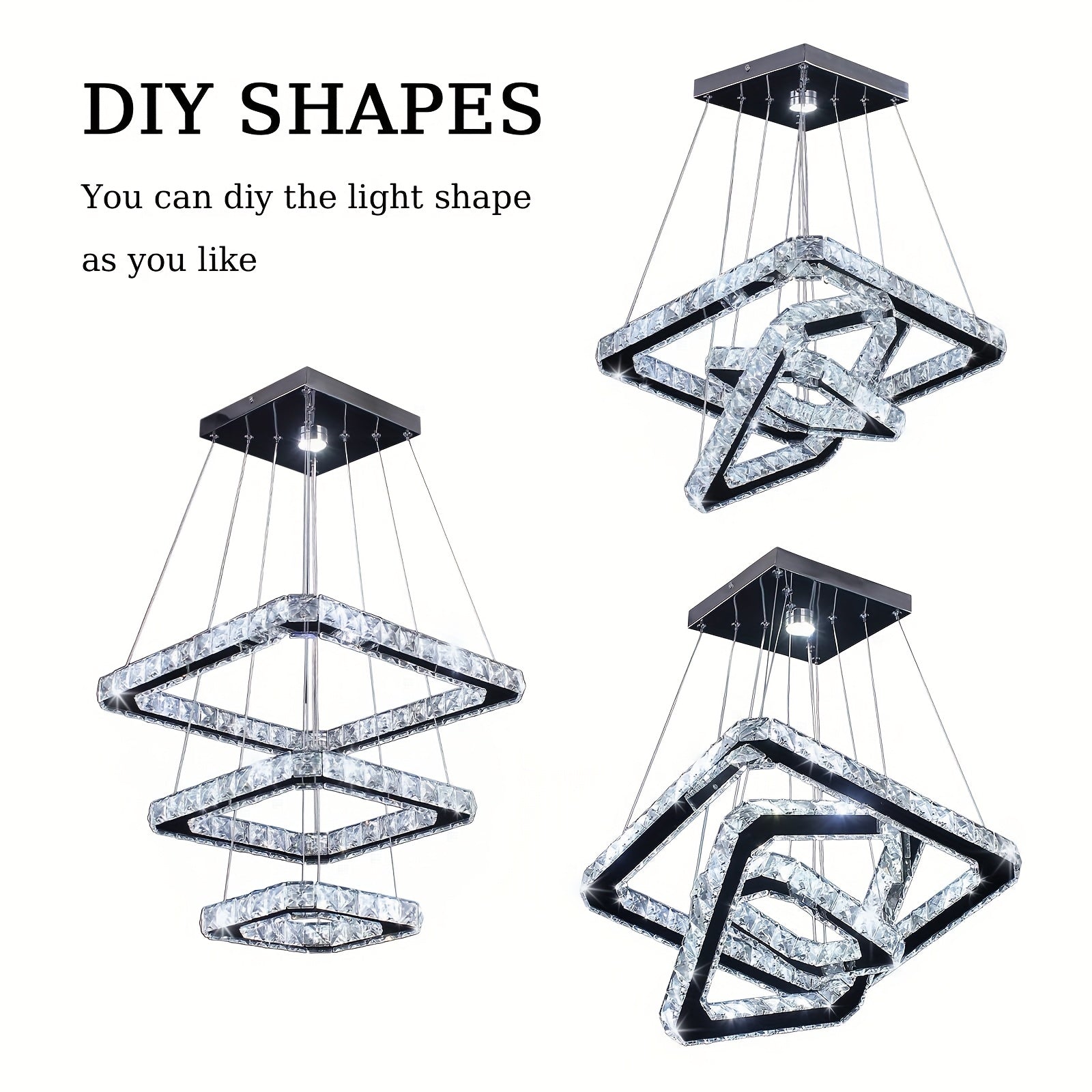 Modern Square Ring Crystal Chandelier, Height Adjustable Ceiling Light (Cool White Light)