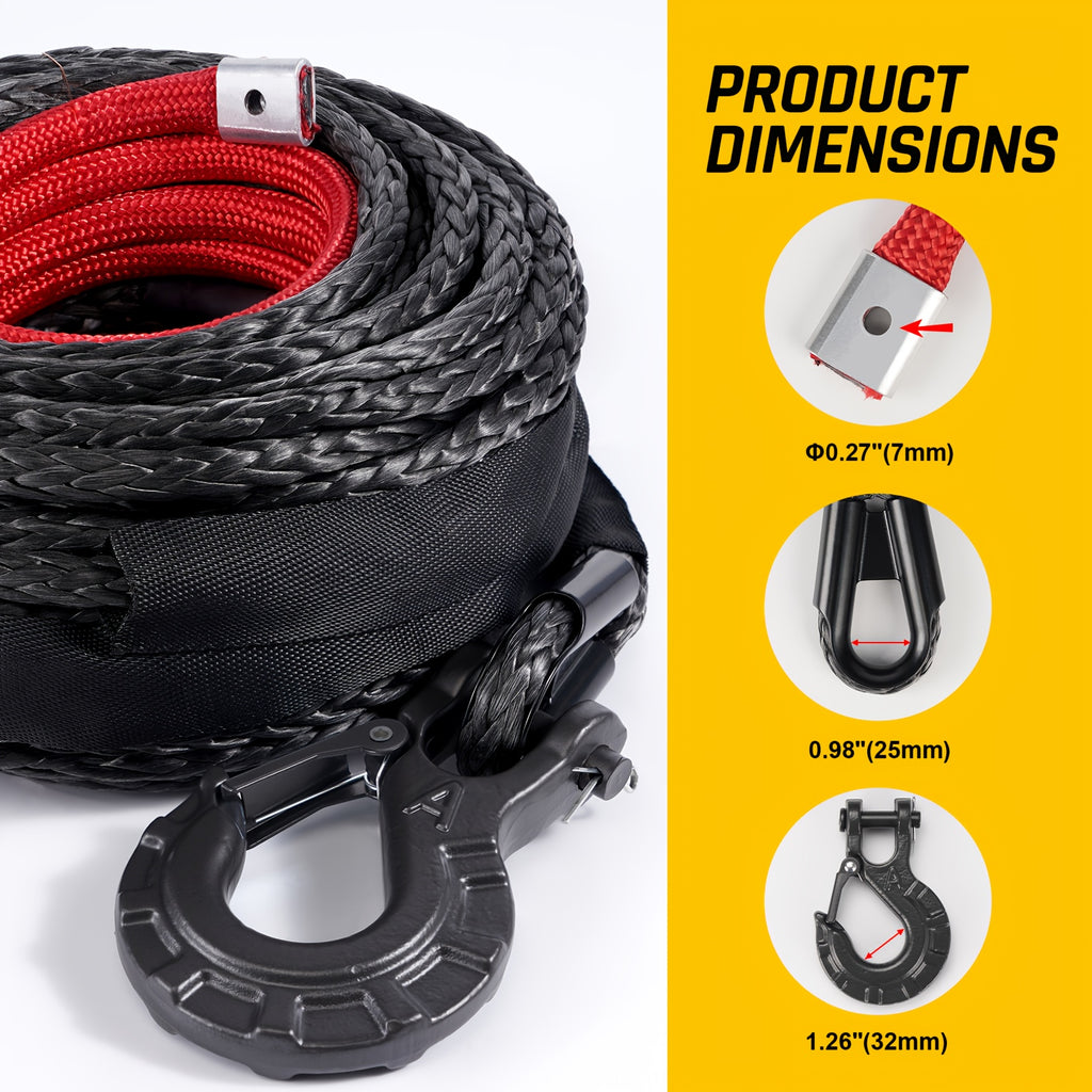 Synthetic Winch Line, 3/8 Inch x 92 Feet 25,500 Lbs Synthetic Winch Rope for 4WD Vehicles SUV Jeep, with Forged Winch Hook