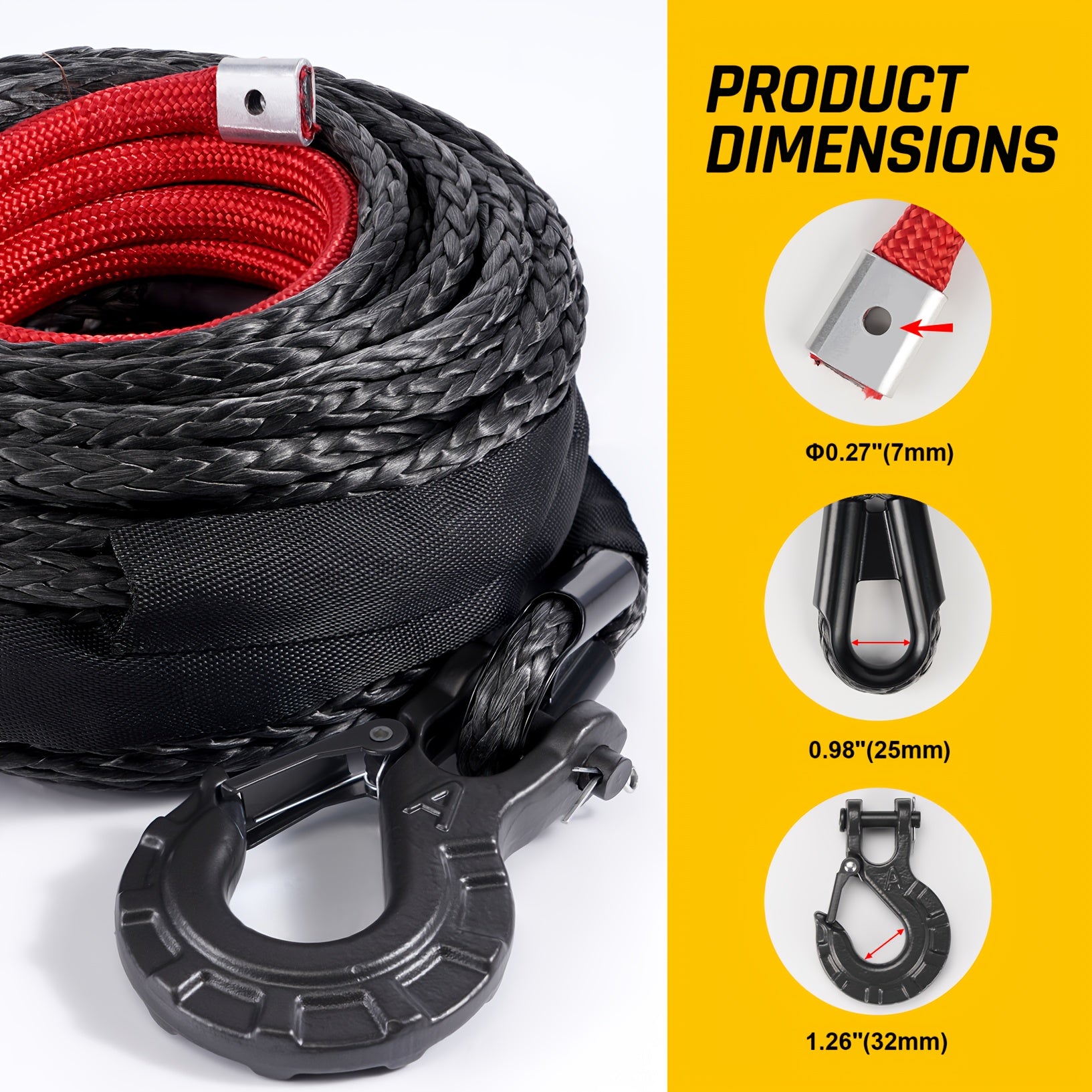 Synthetic Winch Line, 3/8 Inch x 92 Feet 25,500 Lbs Synthetic Winch Rope for 4WD Vehicles SUV Jeep, with Forged Winch Hook