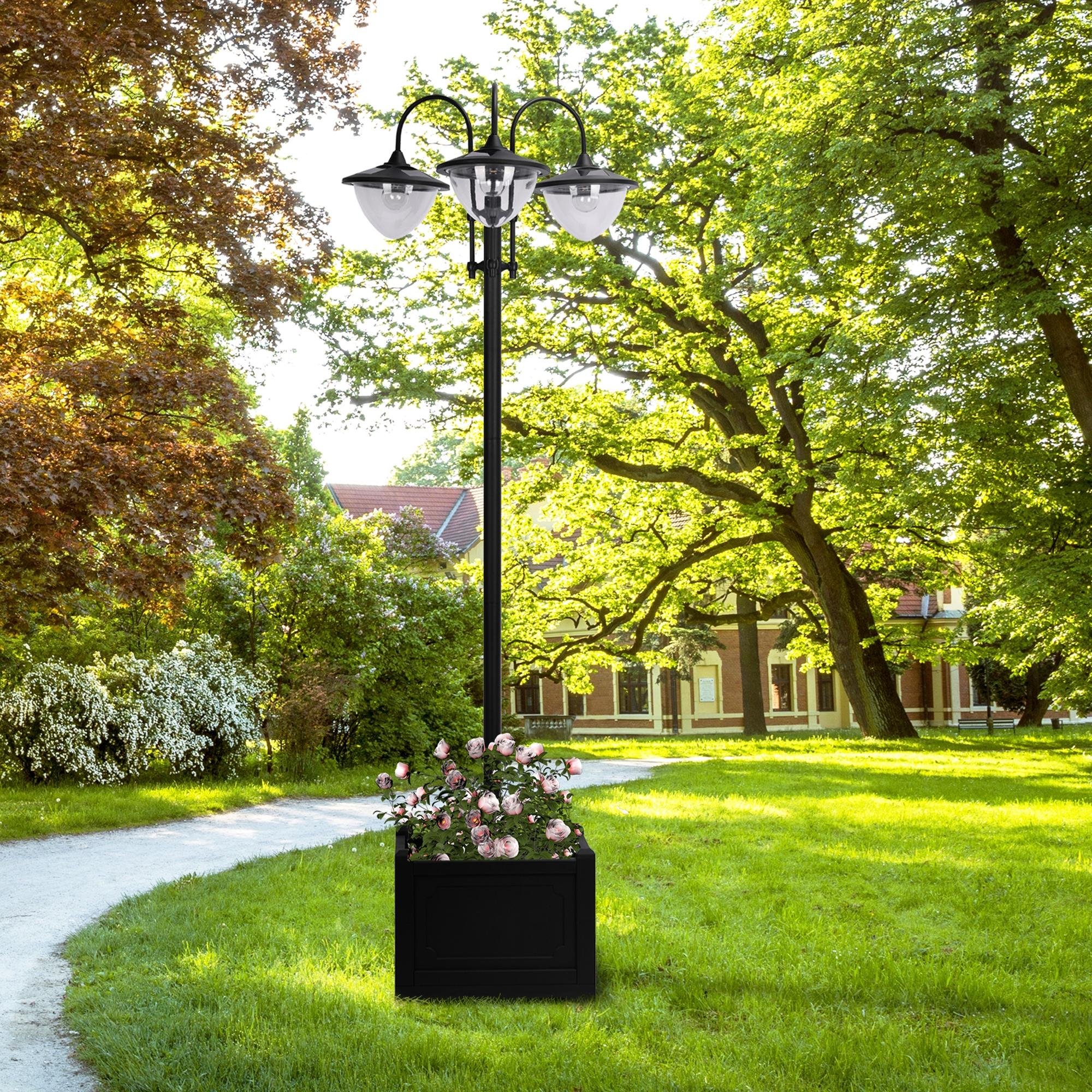3-Head LED Solar Lamp Post Street Light with Planter, Solar Lamp Post, Black
