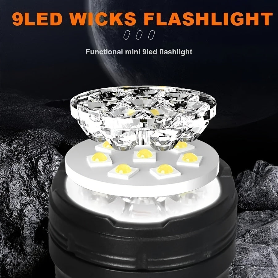 1PC 2025 New Rechargeable 9-LED Flashlight with COB Side Light, USB Power Supply, 1800mAh Lithium Battery, Standard Functions Including USB Cable, Portable Emergency Spotlight for Outdoor Use