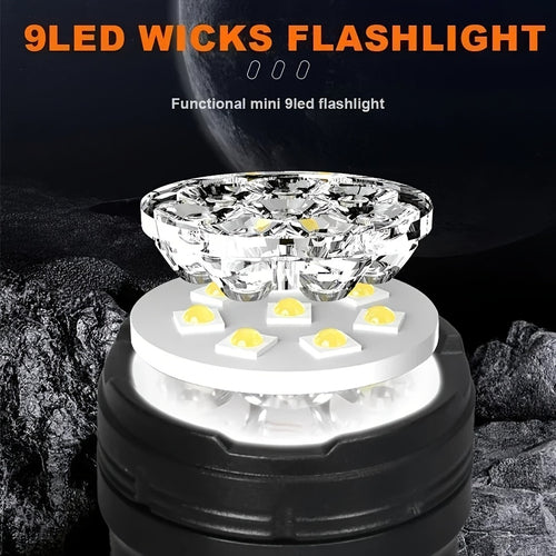 1PC 2025 New Rechargeable 9-LED Flashlight with COB Side Light, USB Power Supply, 1800mAh Lithium Battery, Standard Functions Including USB Cable, Portable Emergency Spotlight for Outdoor Use