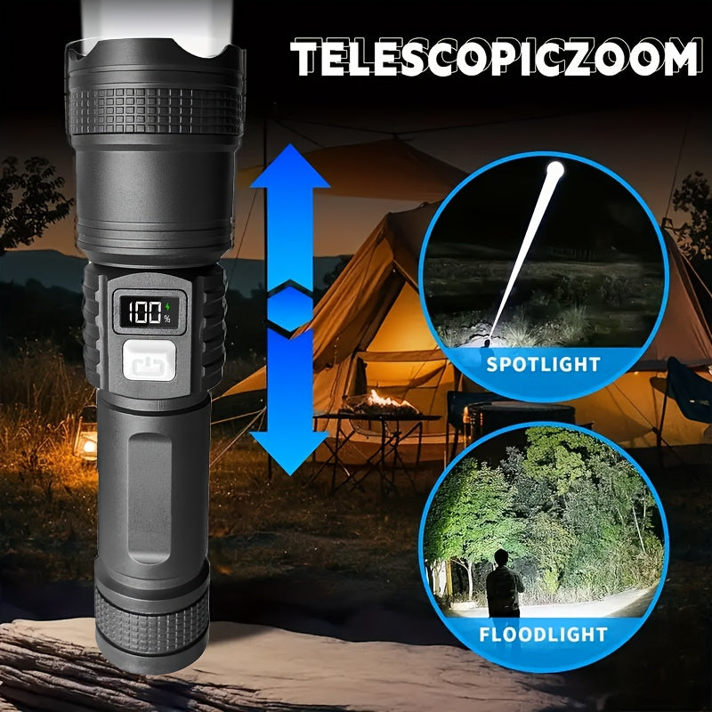 1Pc Super Bright Tactical Rechargeable LED Flashlight, 3 Lighting Modes, Digital Display Screen, Durable & Long Lasting, Ideal for Outdoor Enthusiasts, Hiking, Hunting, Camping and Other Lighting Needs