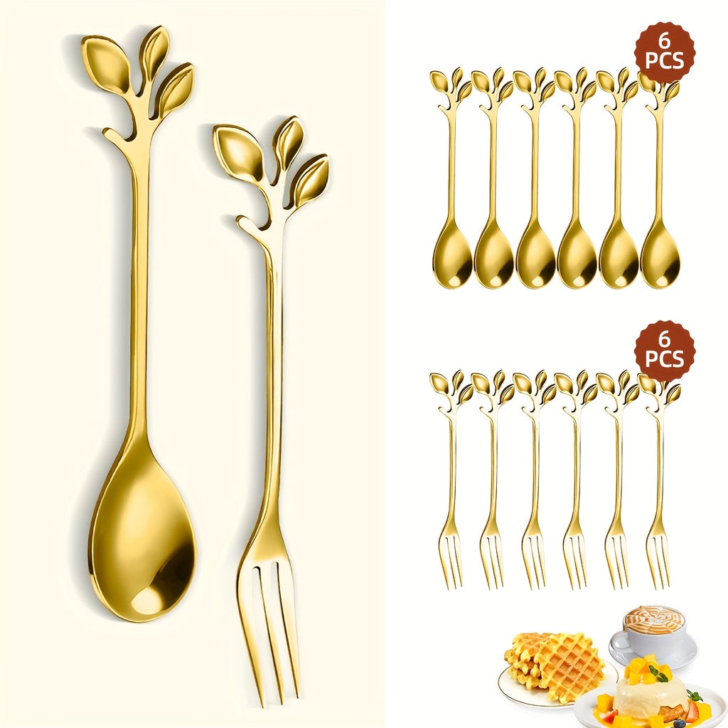 12-Piece Gold Stainless Steel Coffee & Dessert Spoon Set with Leaf Decoration – Polished Finish, Dishwasher Safe, Perfect for Stirring, Fruit
