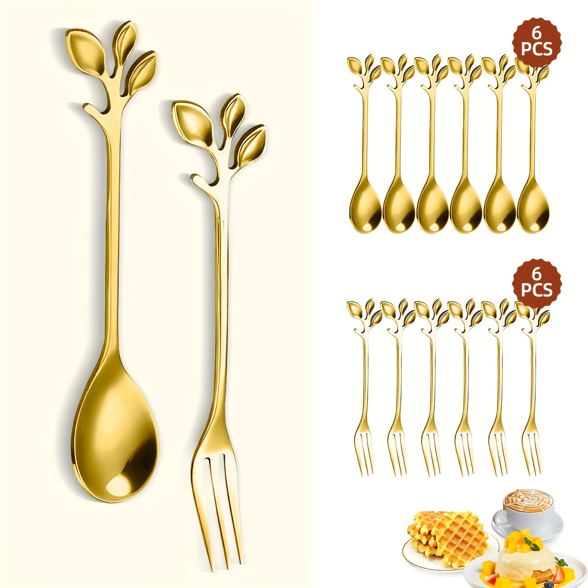 12-Piece Gold Stainless Steel Coffee & Dessert Spoon Set with Leaf Decoration – Polished Finish, Dishwasher Safe, Perfect for Stirring, Fruit