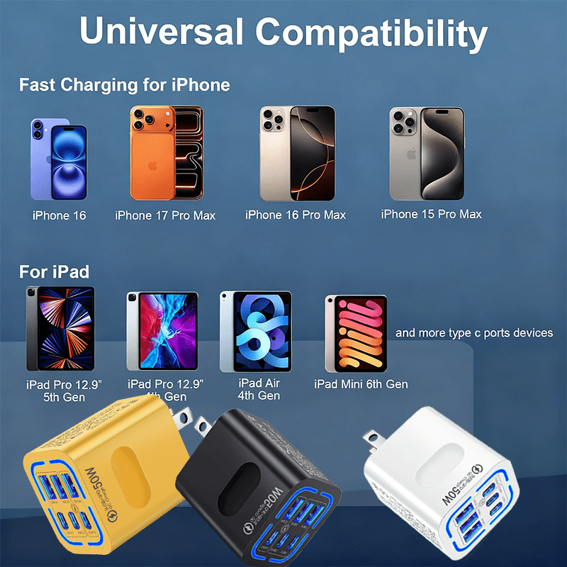 50W US Standard Plug, 3 USB-C + 3 Type C Port Compact Power Adapter | Fast Charging, for iPhone 17 16 15 14 13 12 11 Pro Max Plus, for Samsung, Airpods, iPad, MacBook - UK Charger, US Specification Plug