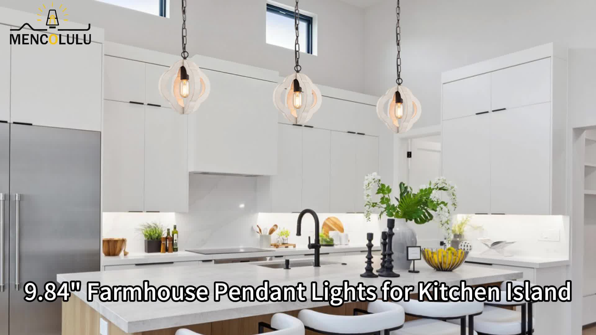 9.84-Inch Modern Farmhouse Style Wood Pendant Light, Distressed White Oak Finish with Adjustable Chain – Semi-Flush Mount Ceiling Hanging Fixture, Suitable for Kitchen Island, Dining Room, Entryway, Foyer