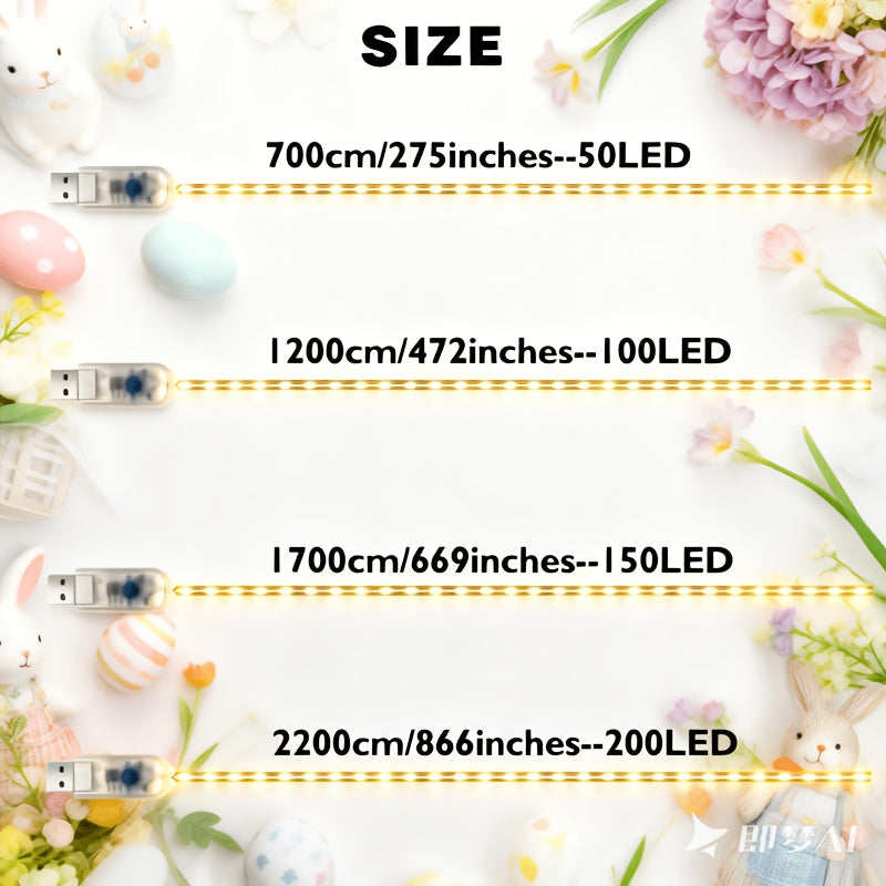 LED户外绳灯 202/152/102/52，情人节仙女灯串，带8种照明模式，适用于别墅、游泳池、新年庆祝活动、派对、婚礼、圣诞树装饰、家居内饰，USB供电，IPX4防水等级
