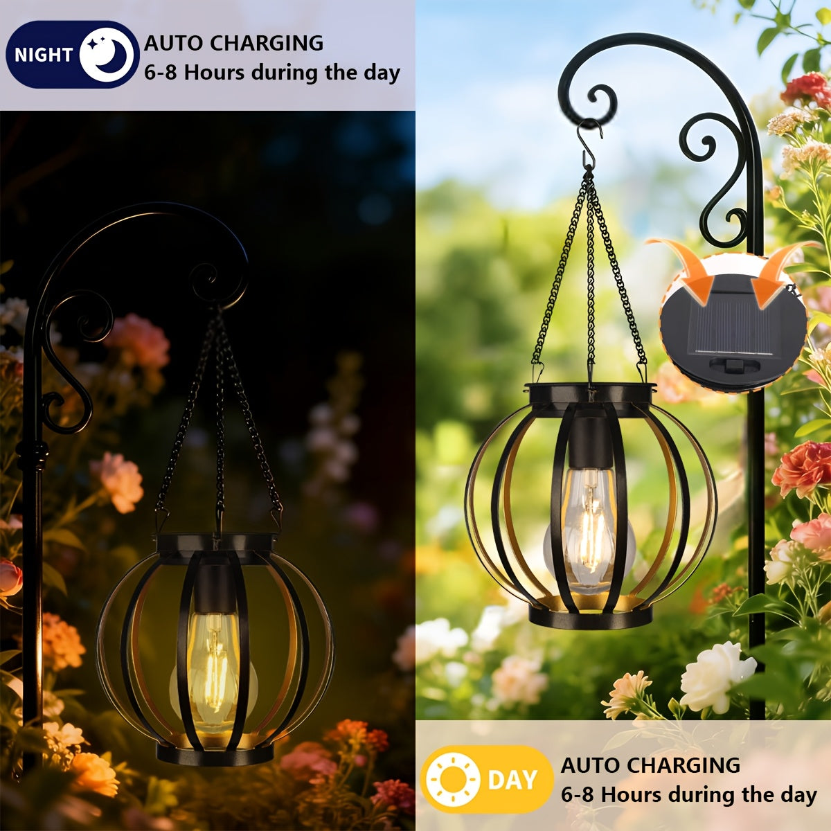 HOTU 2-Pack Outdoor Hanging Light - IP65 Metal Solar Wall Light, Modern Pumpkin Shape / Lampshade Design, Suitable for Outdoor Lighting in Garden, Patio, Porch