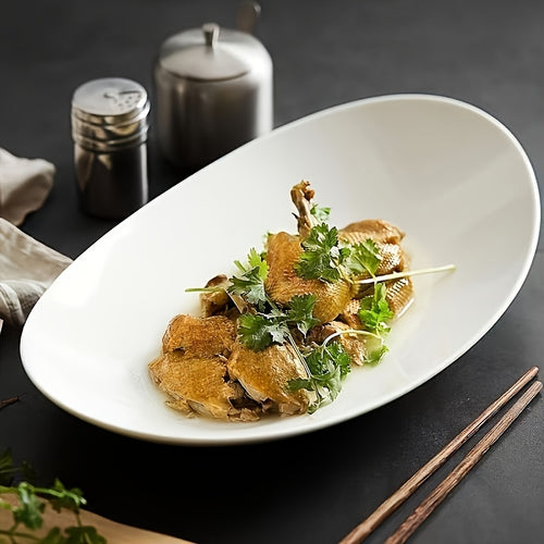 1 Piece Elegant Oval Ceramic Platter – Dark Boat-Shaped Fish Plate, White Porcelain Design, High-Quality Food-Grade Tableware, Perfect for Home & Restaurant – Ideal for Christmas, Thanksgiving, Mother‘s Day, Father’s Day