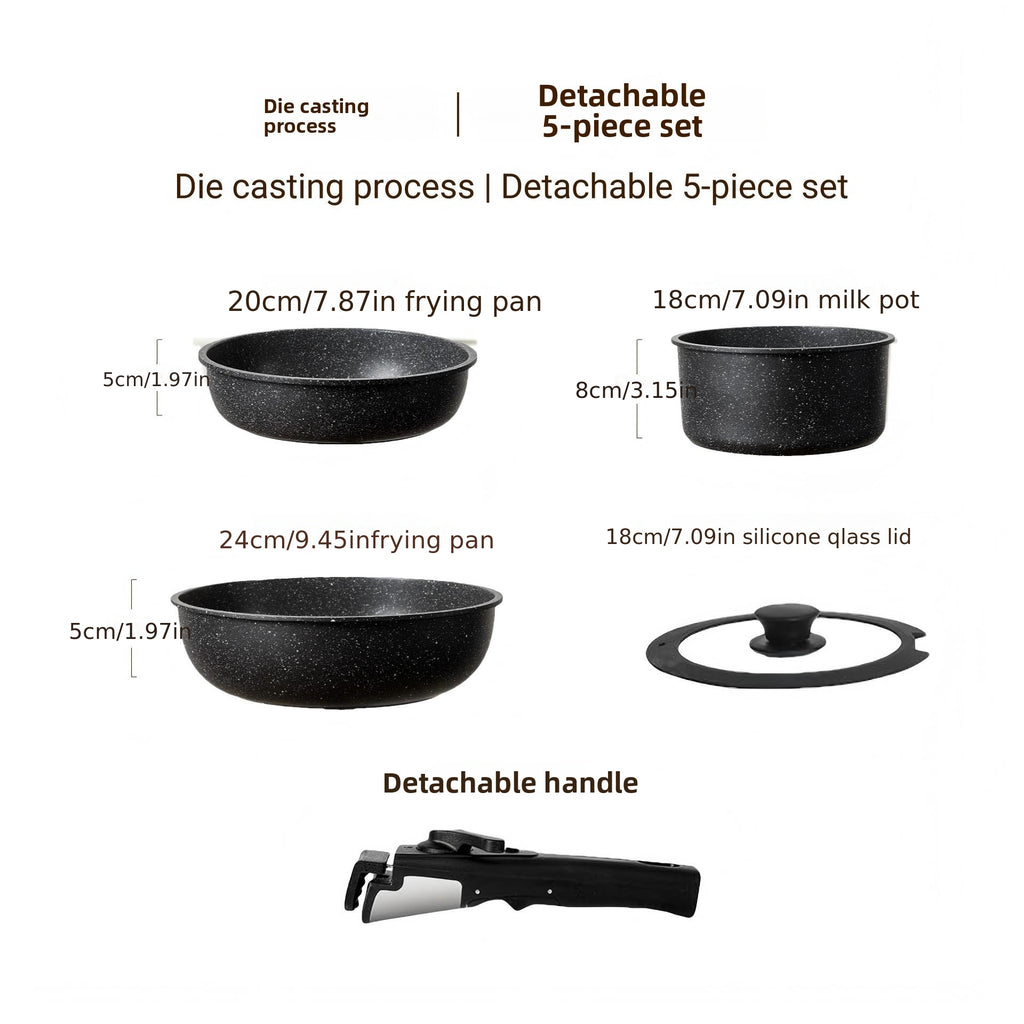 5Pcs Black Non-stick Cookware Set, Ceramic Non-stick Soup Pot & Frying Pan Set with Detachable Handle, Stackable RV Kitchen Cookware, Durable Stylish Home Cooking Pots, Suitable for Camping & Oven Safe
