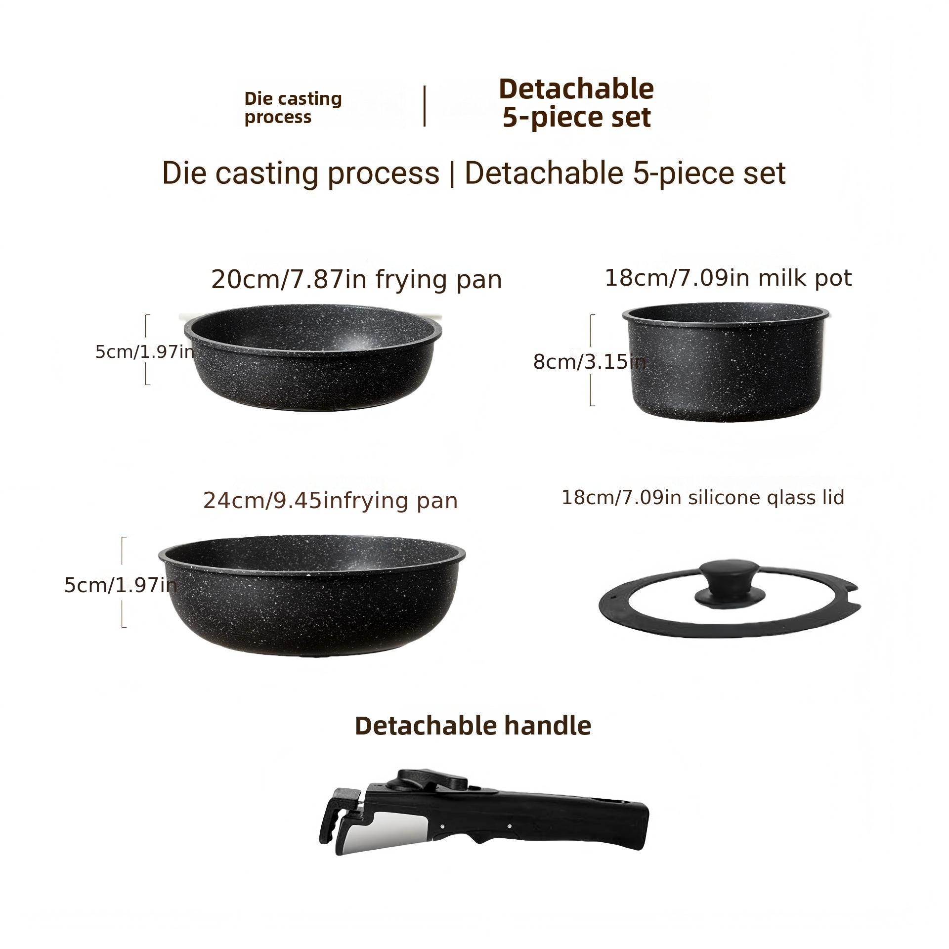 5Pcs Black Non-stick Cookware Set, Ceramic Non-stick Soup Pot & Frying Pan Set with Detachable Handle, Stackable RV Kitchen Cookware, Durable Stylish Home Cooking Pots, Suitable for Camping & Oven Safe