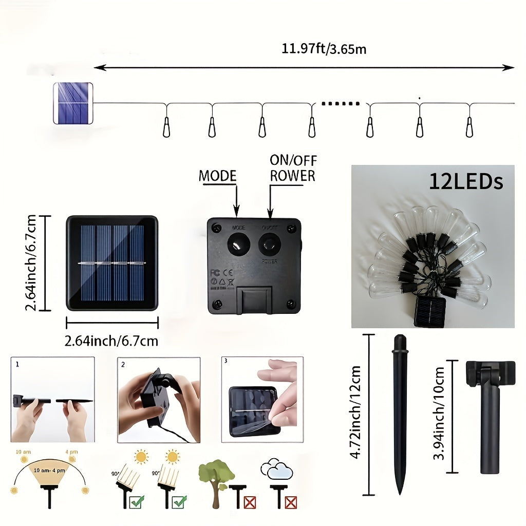 12，20LED爱迪生户外太阳能灯串，8种照明模式，可调节的,露台，花园，市场。