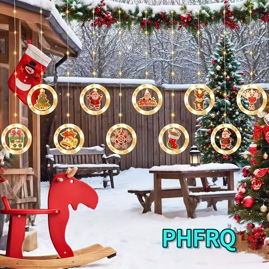 PHFRQ 八种模式，室外灯带，DIY圣诞圆环灯串LED圣诞灯-LED圣诞跨帘灯·圣诞装饰、卡片纸图案，节日礼物、派对装饰必备-发光圣诞树，圣诞老人挂饰-圣诞氛围庭院户外窗户装饰吊坠-USB插电，暖光，彩光