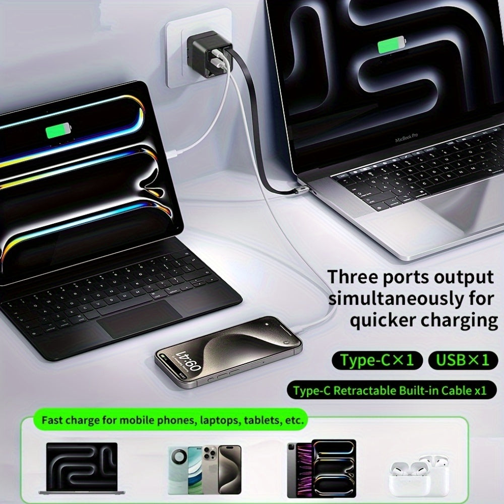 65W Portable Fast Charger with a Retractable Cable And Foldable Plug, Designed for Travel. Compatible with for iphone 17/16/Pro/Pro Max/15/14 And Galaxy/Ultra Series. The Charging Cable Retracts for Easy Storage And Portability