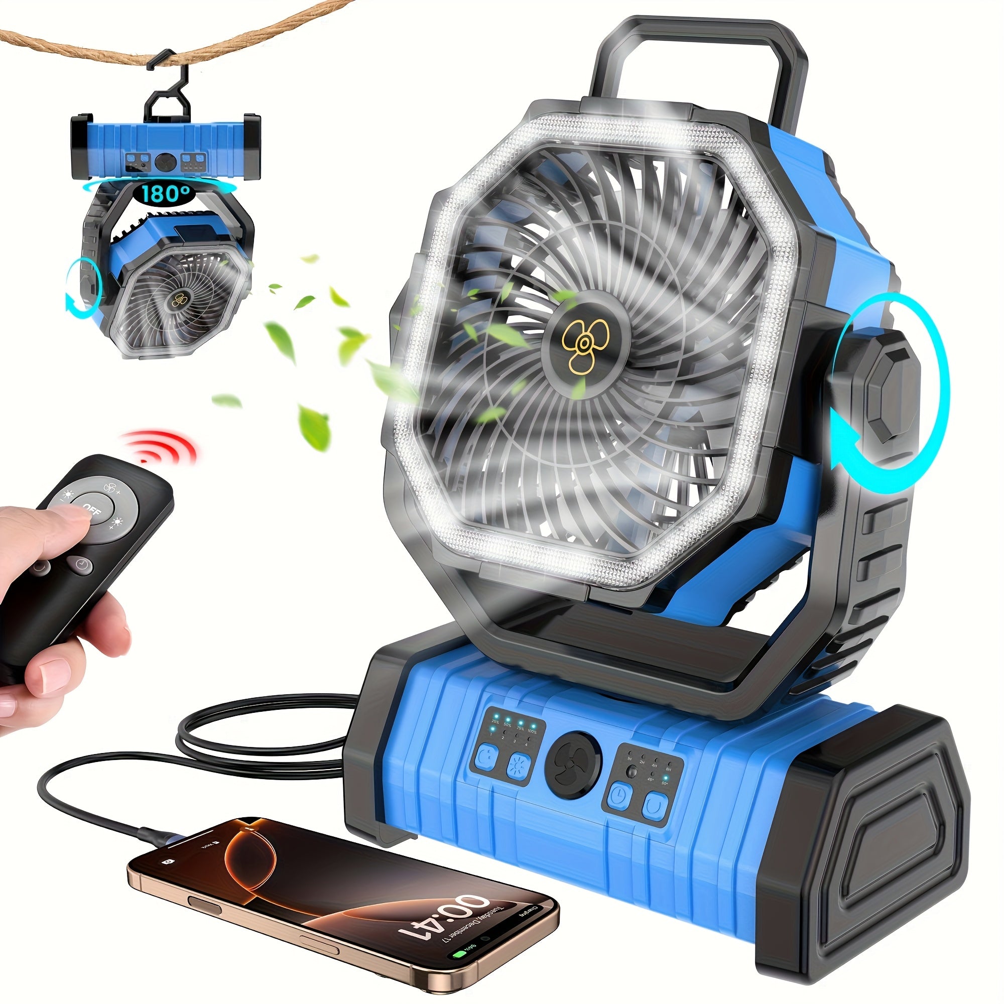 New Outdoor Camping Fan with LED Light, Night Fishing USB Hanging Camp Fan, Remote Control Tent Ceiling Fan Light, High Power Portable Ultra-Long Battery Life Outdoor Camp Light