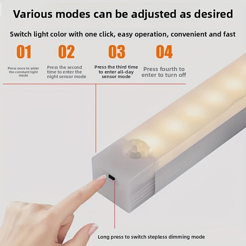8-pack smart motion sensor LED light, household lighting LED tube, USB rechargeable + magnetic design, commonly used for cabinets, wardrobes, bookshelves, vanity tables, wireless, DIY night light. Bookshelf lighting