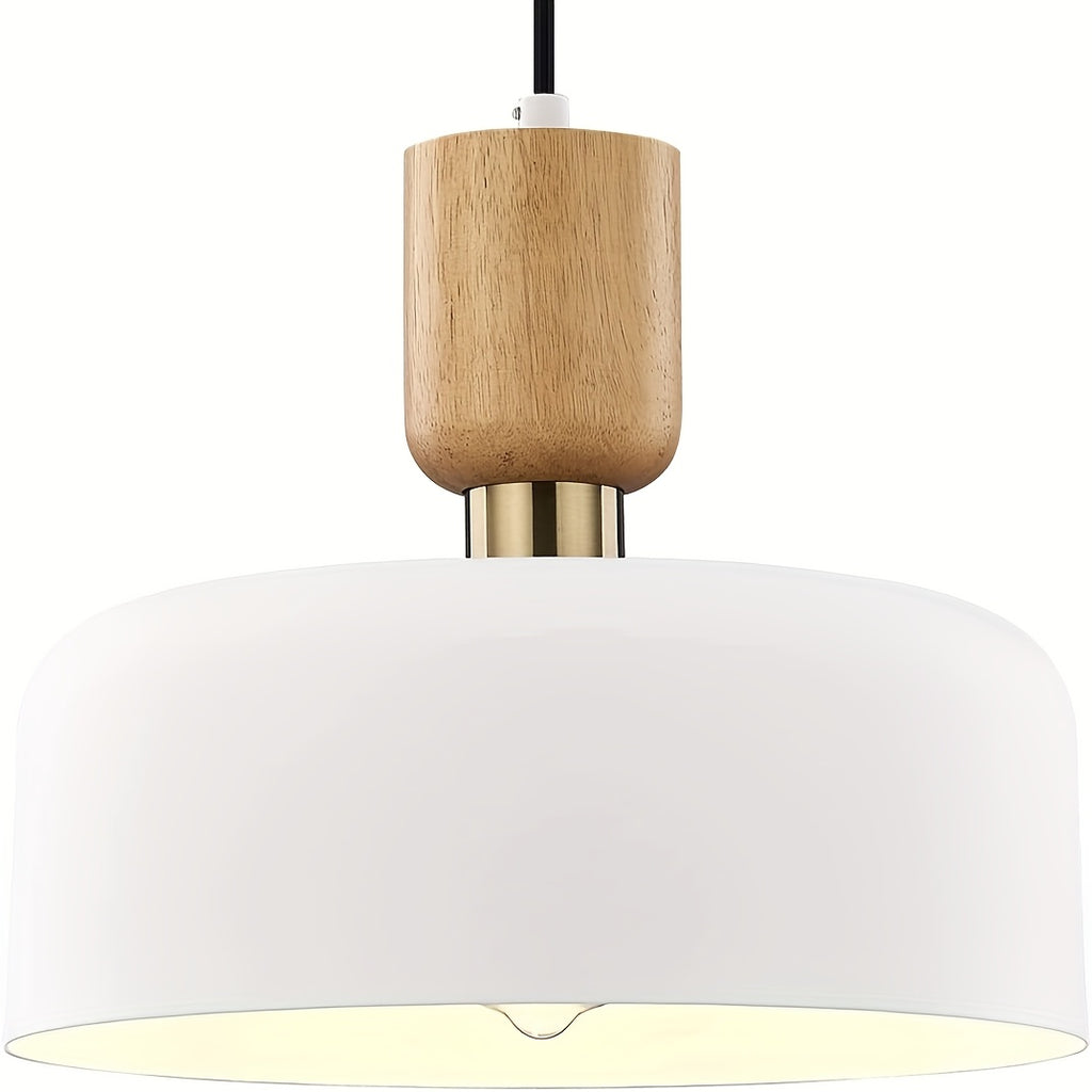 Nordic modern wood metal decorative pendant light - suitable for dining room, kitchen island, sloped ceiling, height adjustable, 12-inch diameter black and white drum lampshade (bulb not included)