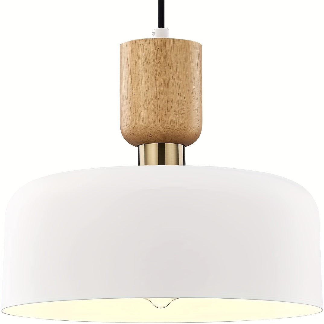 Nordic modern wood metal decorative pendant light - suitable for dining room, kitchen island, sloped ceiling, height adjustable, 12-inch diameter black and white drum lampshade (bulb not included)
