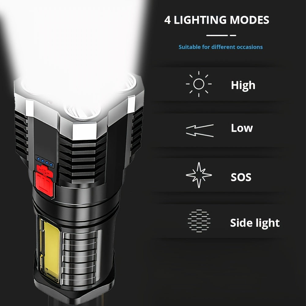 Ultra-Bright Flashlight, USB Rechargeable Flashlight with 5 LEDs & COB Side Light - 4-Mode Flashlight