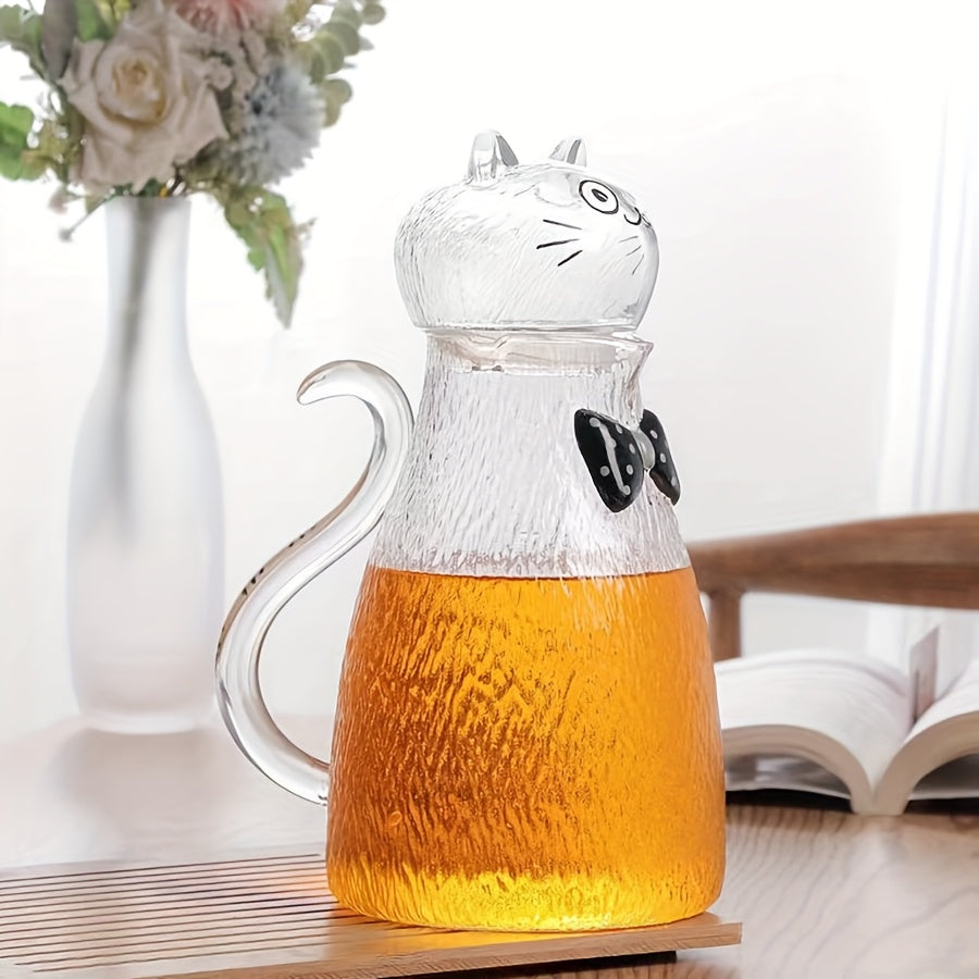 1 Cat Bow Tie Borosilicate Glass Cold Water Pitcher, Large Capacity Heat-Resistant Handmade Tea Kettle