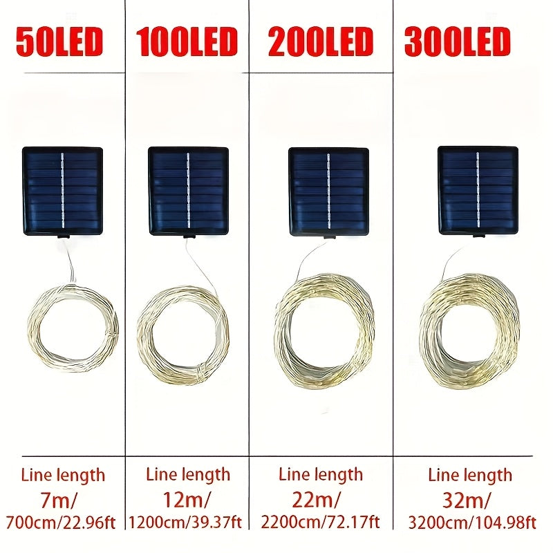 2个装，300/200/100LED户外防水太阳能铜线灯，8种动态光效，庭院圣诞树装饰神器，IP54级防水，适合花园/露台/节日风景、派对和婚礼氛围营造