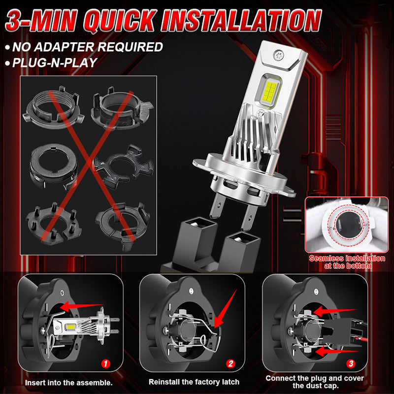 This is a set of two H7 LED headlights, offering 300W and 30000 lumens of brightness, designed for high beam and low beam functions. They are Canbus compatible, ensuring error-free operation, feature turbo fan cooling