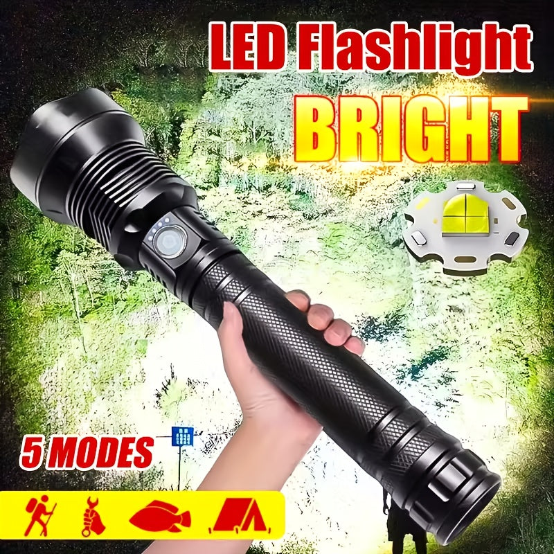 Extended Zoomable High Lumen Flashlight, Multifunctional Night Search Light with Power Indicator, USB Rechargeable Emergency Work Light for Hiking Camping Fishing
