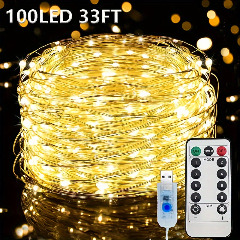 USB灯串 | 66FT 200LED, 33Ft 100 LED, 16.4FT 50LED 变色银丝灯，带8种照明模式遥控器，适用于工艺品卧室天花板圣诞装饰，彩色铜丝灯，USB供电，包含纽扣电池