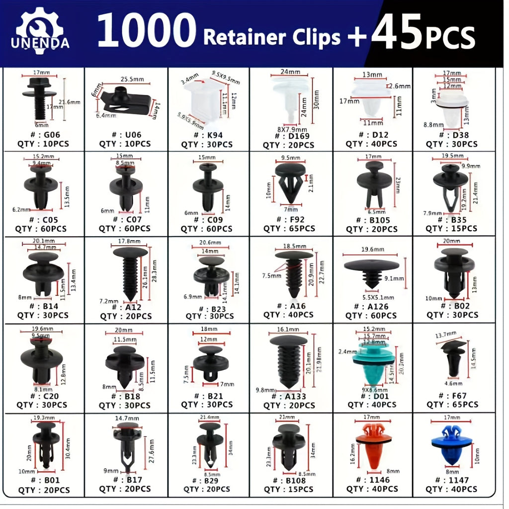 1000-Piece Car Retainer Clip Assortment Kit – Durable ABS Auto Fasteners for Push-Type Edge, Bumper & Rivet Installation