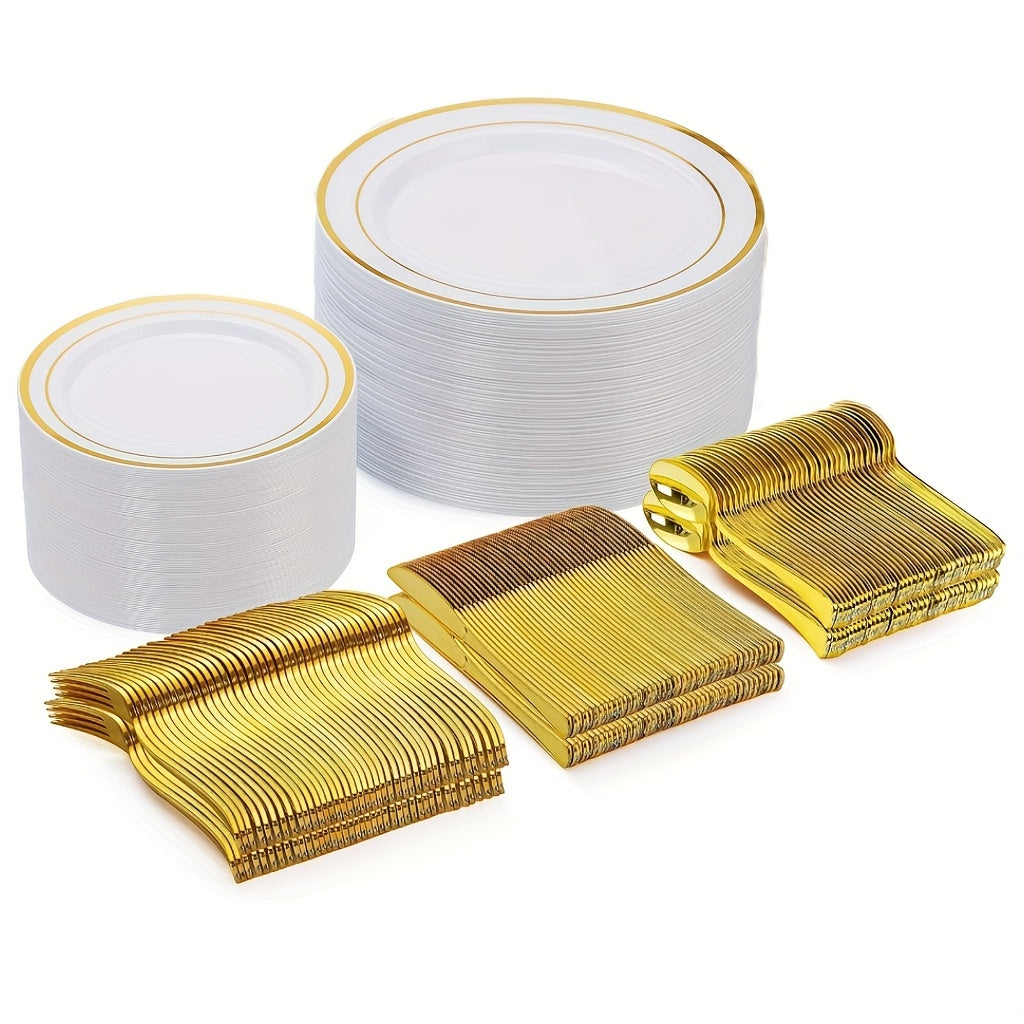 300-Piece Plastic Silver Plates – White & Silver Disposable Plate Set Includes 60 Dinner Plates, 60 Dessert Plates, 60 Forks, 60 Spoons, 60 Knives