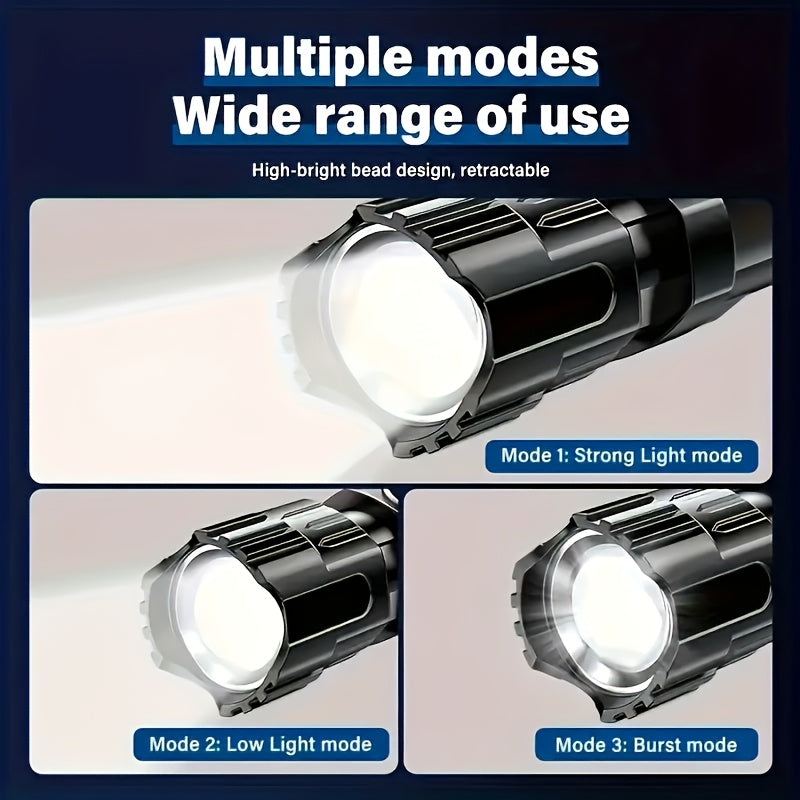 1Pc LED Super Bright Flashlight, High Lumen Tactical Flashlight, 3 Adjustable Modes with Zoom Function, Portable Camping Torch, Built-in Lithium Battery, IP44 Protection Rating, Ideal for Outdoor Hiking and Home Emergency