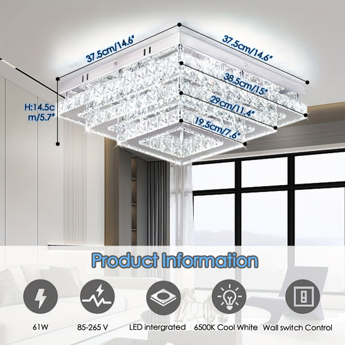 15-inch modern style pendant ceiling light, square crystal design, three-tier flush mount installation, suitable for living room and dining room (6500K cool white light)