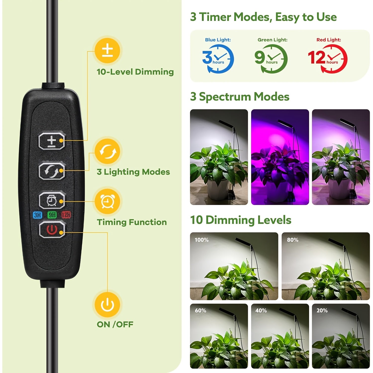 Full Spectrum LED Grow Light for Indoor Plants, 48 LED Beads, 2 Installation Options, 3 Selectable Spectral Modes, 3/9/12 Hours Timing Function, 10-Level Dimmable Brightness, Adjustable Height from 6.7 Inches to 26 Inches