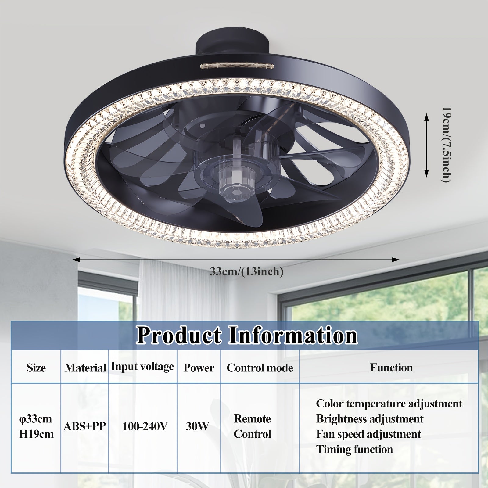 13" Smart Modern Ceiling Fan with Light and Remote, E26/E27 Base Easy Install Socket Fan Light, 3-Speed Adjustable, 3000-6500K Dimmable LED, for Bedroom, Kitchen, Living Room, Storage Room