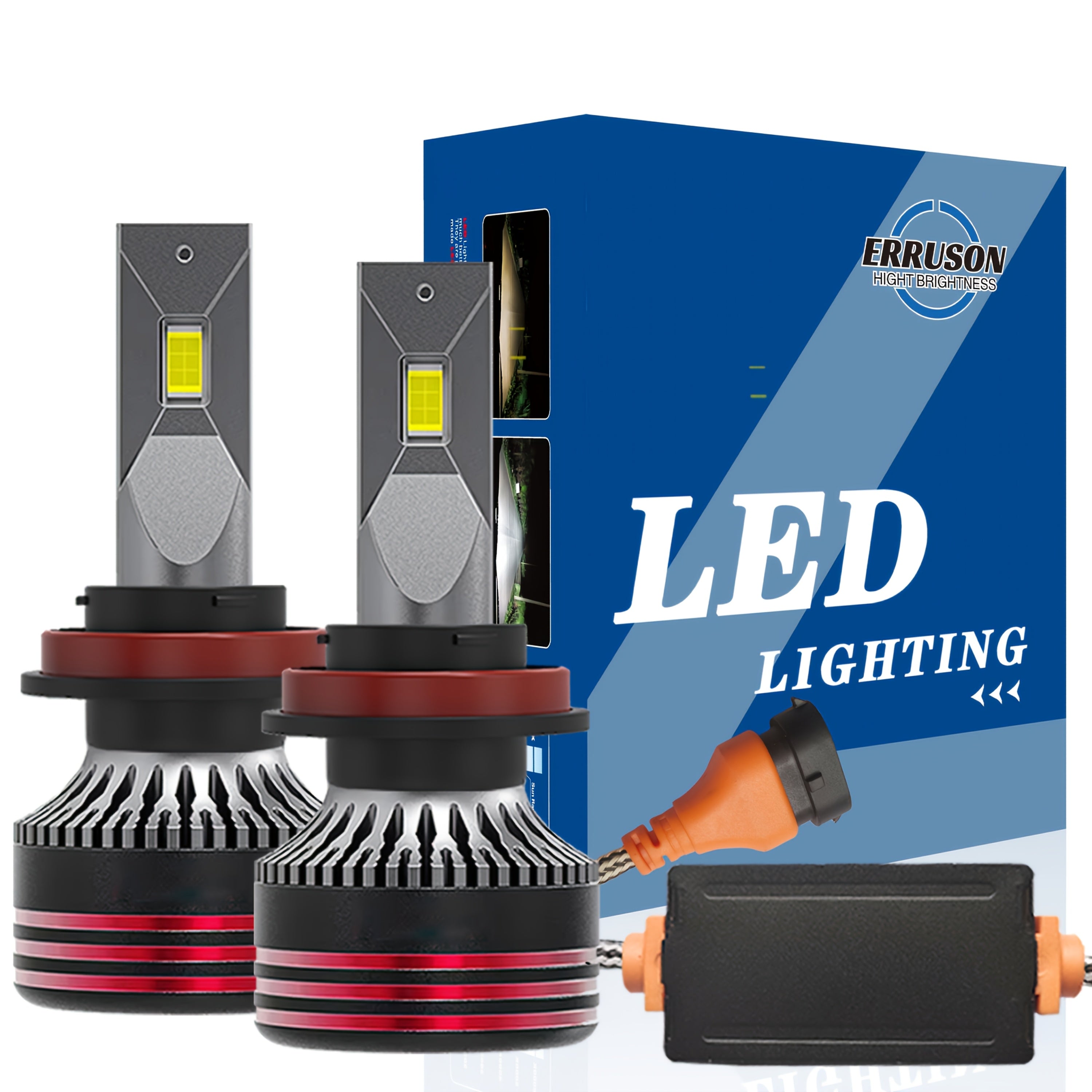 Erruson 2-Pack Upgraded 9005/HB3 9006/HB4 H7 H11 H4 H1 LED Headlight Bulbs High/Low Beam Integrated 50000 Lumens 500% Brightness Increase 6000K Color Temperature Plug-and-Play Cooling Fan