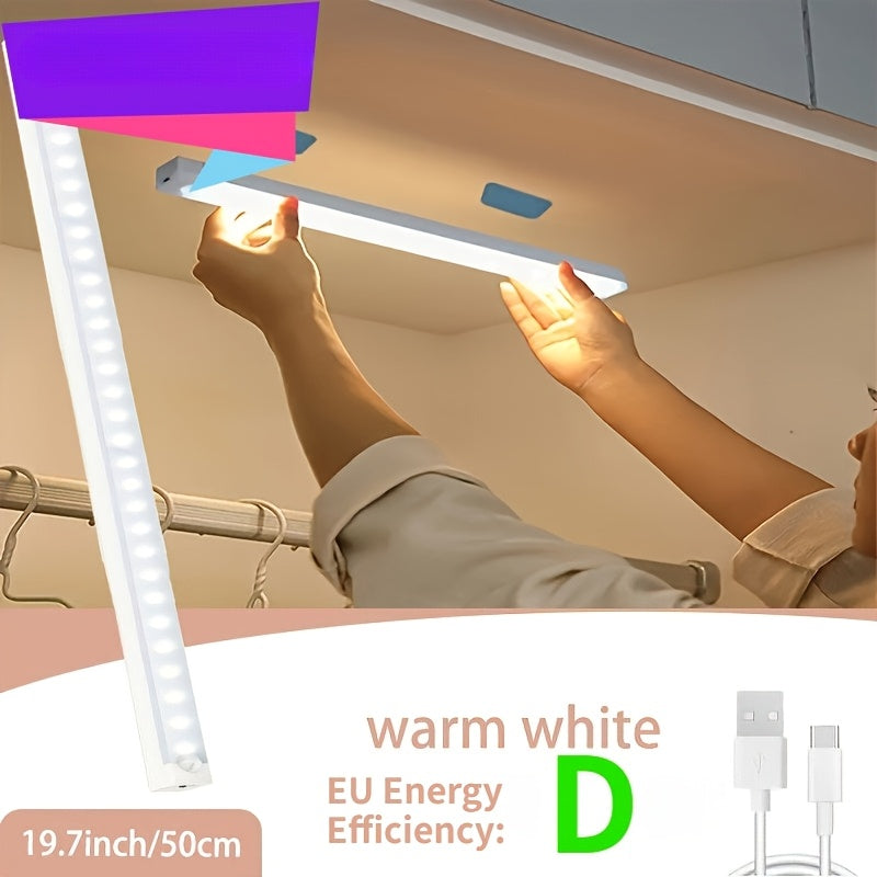 1个 3.94-19.69英寸 LED 智能运动探测灯条 - 无线 USB 供电暖白光 - 冷白光橱柜下照明，磁性粘合安装，易于安装，非常适合衣柜、橱柜和楼梯