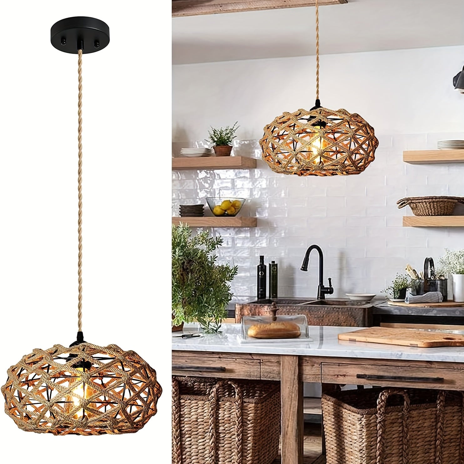 Handwoven Rattan Pendant Light with Jute Rope Woven Shade – Bohemian Rustic Rattan Hanging Lamp, Adjustable Hanging Rope and E26 Socket (Bulb Sold Separately), Suitable for Coastal Farmhouse Bohemian Style Ceiling Light Fixture